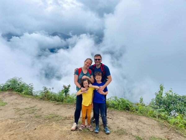 family trekking on the mountain