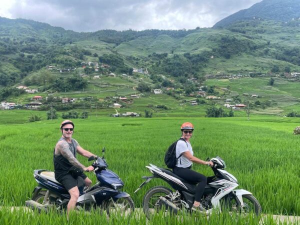 two people riding on lush rice fields